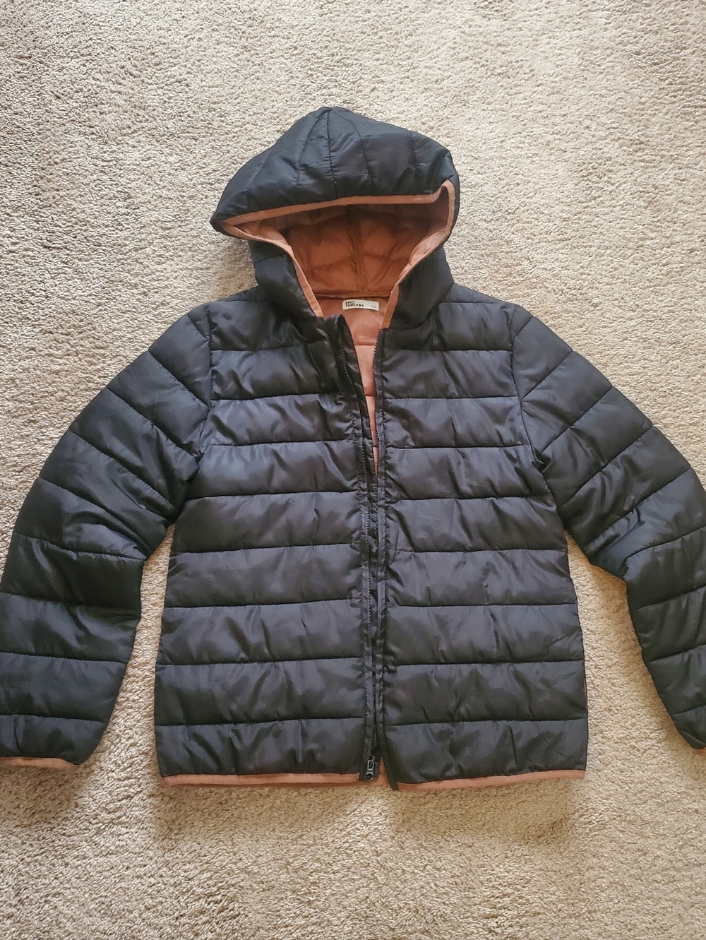 Epic Threads Hooded Puffer Jacket in Black with Copper Lining